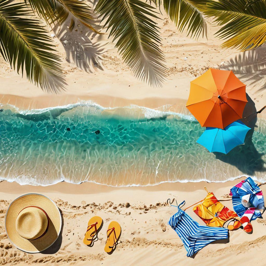 A picturesque beach scene featuring colorful swimwear laid out on warm golden sand, with vibrant beach umbrellas in the background and gentle waves lapping at the shore. Sunlight glistens on the water, while a stylish straw hat and sunglasses rest beside the swimwear, creating a perfect beach day vibe. Add elements of palm trees swaying in the breeze and playful beachgoers in the distance. super-realistic. vibrant colors. summer theme.