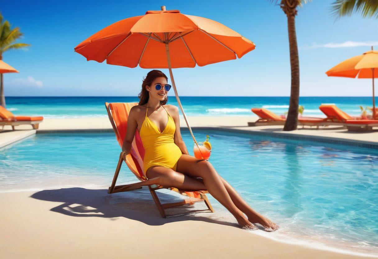 A lively beach scene depicting a stylish person transitioning from lounging by a luxurious pool to frolicking in ocean waves. Incorporate vibrant beach attire, sunglasses, and a refreshing cocktail in hand, with colorful beach umbrellas and sun-kissed sand in the background. Capture the joy and essence of summer, emphasizing the contrast between the calm poolside and the energetic ocean waves. super-realistic. vibrant colors. summer theme.